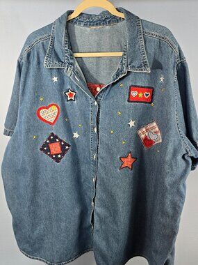Vintage Short Sleeve Denim "Inner/Outer" Style Shirt Stars and Hearts (QQ-5)